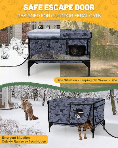 Premium Heated Cat House for Outside Cats, 100% Weatherproof & Windproof Escape Door, Elevated Base, Winter Insulated Feral Stray Outdoor Cat Shelter with Heater