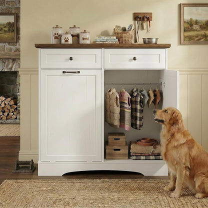 Furnaza Pet Feeding Station with 4 Bowls, Dual Doors Dog Cabinet Storage | White 39.7"W Dual Doors Pet feeding station with storage for dogs and cats, Pet Food Storage for Kitchen, Living Room