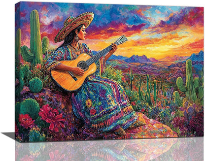 Mexican Women Pictures Wall Art, Cactus Landscape Bathroom Wall Decor, Nature Scenery Aesthetics Framed Painting Desert Modern Canvas Artwork for Bathroom Bedroom Living Room Decorations 20"L x 16"W