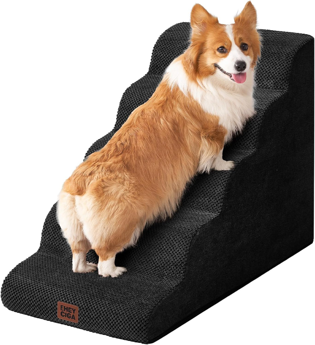 EHEYCIGA Curved Dog Stairs Ramp for High Beds, 5-Step Extra Wide Dog Steps for Small Dogs and Cats, Pet Stairs for High Bed Climbing, Non-Slip Balanced Pet Step Indoor, Black