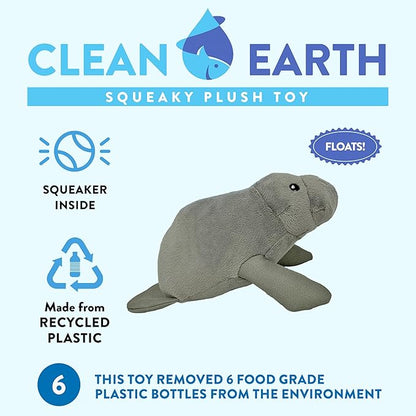 Spunky pup Clean Earth Plush Dog Toy with Squeaker - Recycled, Eco-Friendly, Floats for Beach, Lake, Pool - Manatee, Small