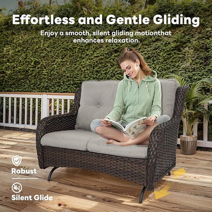 Belord 5 Piece Outdoor Patio Furniture Set - Outdoor Conversation Couch and Loveseat Glider Chair Furniture Set with Rattan Coffee Table for Deck Balcony Poolside Brown Wicker/Grey Cushions