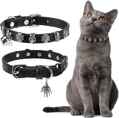 EXPAWLORER Halloween Cat Collar for Girl Boy- Adjustable Leather Pet Collar with Safety Elastic Belt,Personalized Punk Accessories Buckle Collars with Bell & Durable D-Ring, Skull(Black)
