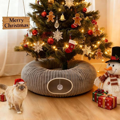 Cat Tunnel Bed for Indoor Cats, Peekaboo Cat Cave Bed,Soft Cat Donut Tunnel for Kitten Large Cats, Cat Tunnel Christmas Tree Skirt, Grey