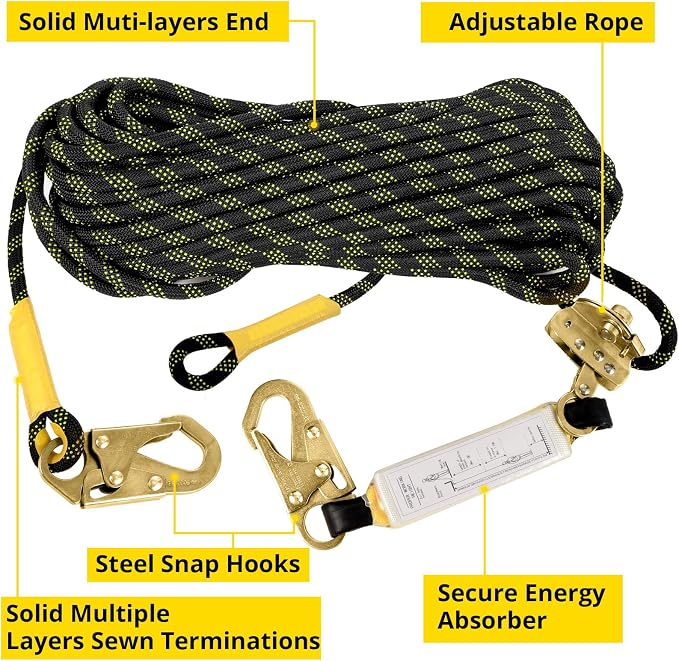 TRSMIMA Rope Harness Safety Lanyard：150ft Roofing Rope Fall Protection | Vertical Safety Harness Rope With Grab Snap Hooks Shock Absorber - Tree Climbing Line Kit Heavy Duty Safety Equipment ANSI CE