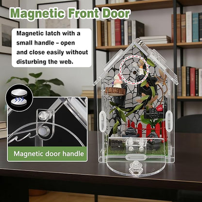 Jumping Spider Enclosure Kit, 22-Piece Acrylic Terrarium with Gothic Furniture & Magnetic Feeding Door, Clear 360 View Small Spider Habitat for Tarantula Mantis Beetle Scorpion