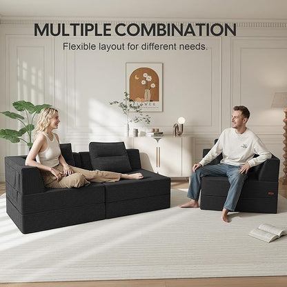 COMAX Futon Sofa Bed 3 Seater, 106" Convertible Sofa Bed Couches for Living Room, 4 in 1 Folding Boneless Sleeper Corduroy Couch Foam in a Box, Comfy Foldable Lounge Fold Out Floor Mattress, Black