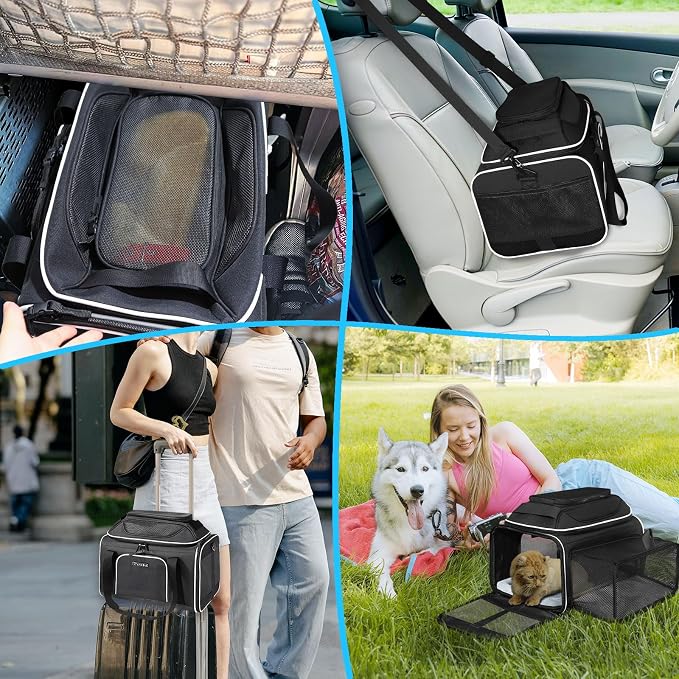 Petskd Top and Side Expandable Pet Carrier 17x12x8.5 Inches JetBlue Frontier Spirit Airline Approved, Soft-Sided Carrier for Small Cats and Dogs with Locking Safety Zipper and Anti-Scratch Mesh(Black)
