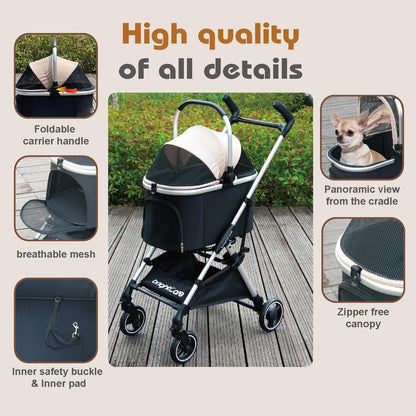 3-in-1 Small Pet Carrier with Stroller for Small Dogs & Cats Under 20 lb – Removable Carrier Converts to Car Seat – Lightweight, One-Hand Fold, No-Zipper Entry