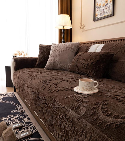 Fuzzy Rabbit Plush Sofa Cover Cozy Warm Sofa Couch Covers with 3D Jacquard Leaf Pattern Non-Slip Easy-to-Install Shaggy Sofa Slipcover Prefect for Kids Dogs Cats Cats(Caramel,36"x102")