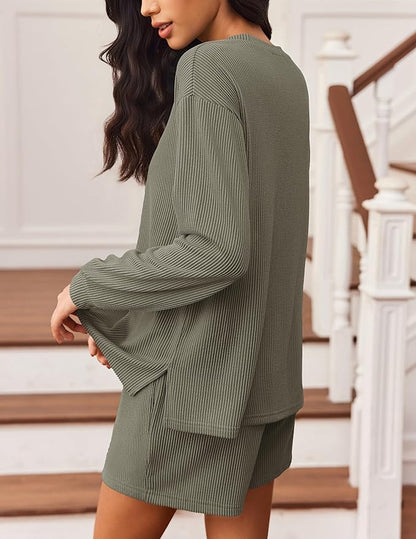 Ekouaer 2 Pieces Lounge Set for Women Long Sleeve Pajamas Top and Shorts Matching Sets Outfits with Pockets