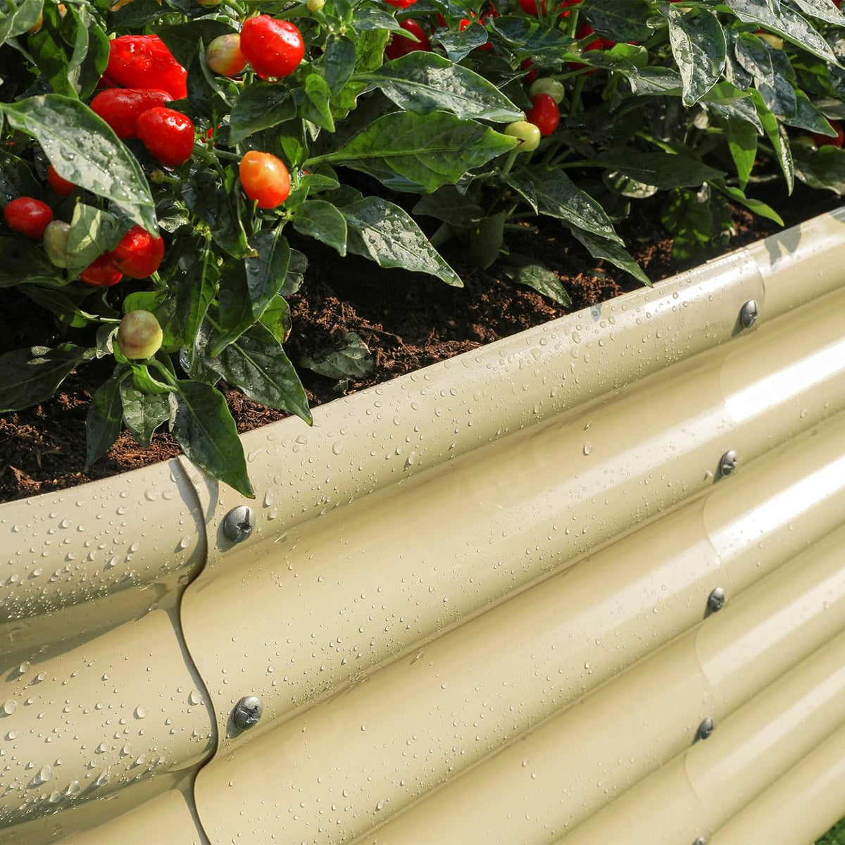 Land Guard 18“ Tall Outdoor Metal Raised Garden Bed, Oval Deep Root Planter Box for Vegetables, Flowers, Herbs, 89 Gallon Capacity - Cream Yellow