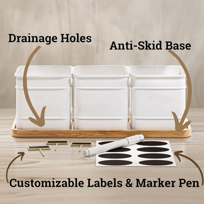 Herb Planter Indoor - 3 Iron Herb Pots with Drainage Holes, Varnished Bamboo Tray, Customizable Labels & Marker Pen - Indoor Herb Garden Planter - 3 Pots for Herbs - Inside Spice Garden - Basil Pot