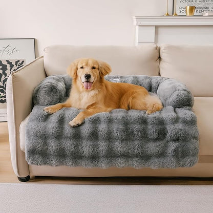 FUNNY FUZZY Pet Fluffy Fuzzy Calming Dog Couch Bed Sofa Protector Washable Pets Mat for Large Medium Small Dogs and Cats (Grey,37.4 × 33.46 × 6.3 in)