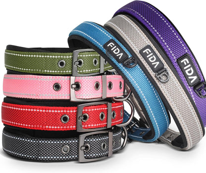 Fida Heavy Duty Dog Collar, Ultra Comfortable Soft Neoprene Padded, Adjustable Reflective Nylon Pet Collar with Durable Metal Belt Buckle for Large Breeds (L, Purple)