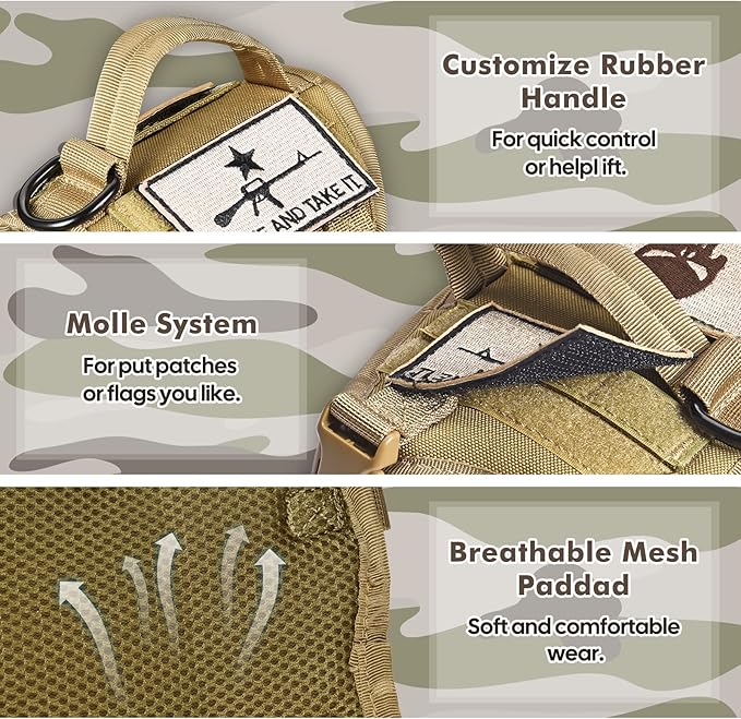 Tactical Cat Harness and Leash, Escape Proof Large Cat Walking Vest,Adjustable Soft Mesh Pet Vest Harness with Control Handle, Molle Patches Khaki