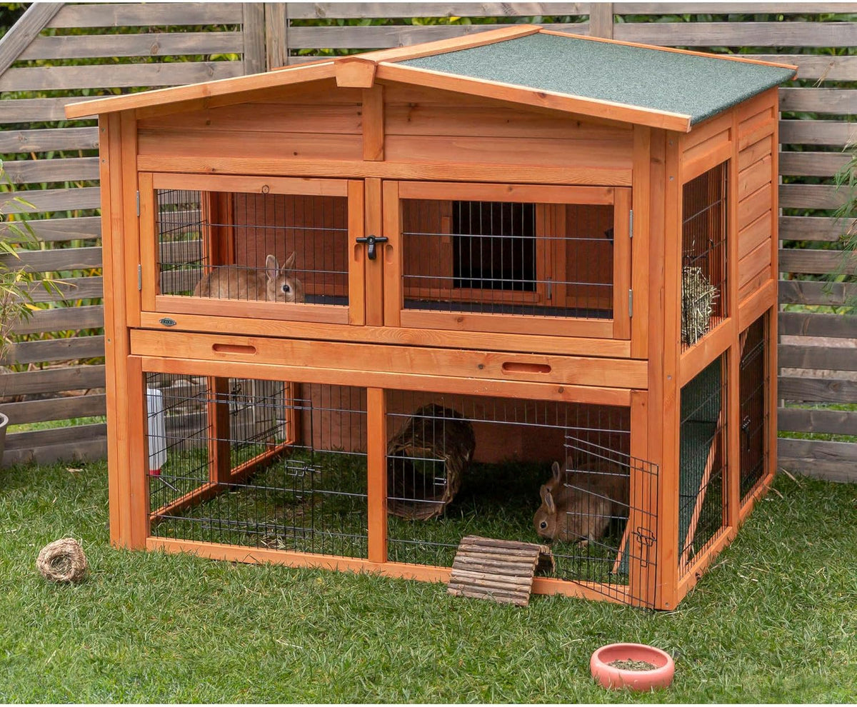 TRIXIE natura Outdoor Deluxe Rabbit Hutch with Run - Large 2-Story Rabbit Cage with Non-Slip Ramp - Elevated Small Animal House with Secure Playpen, Hinged Roof & Two Pull-Out Trays - in Natural