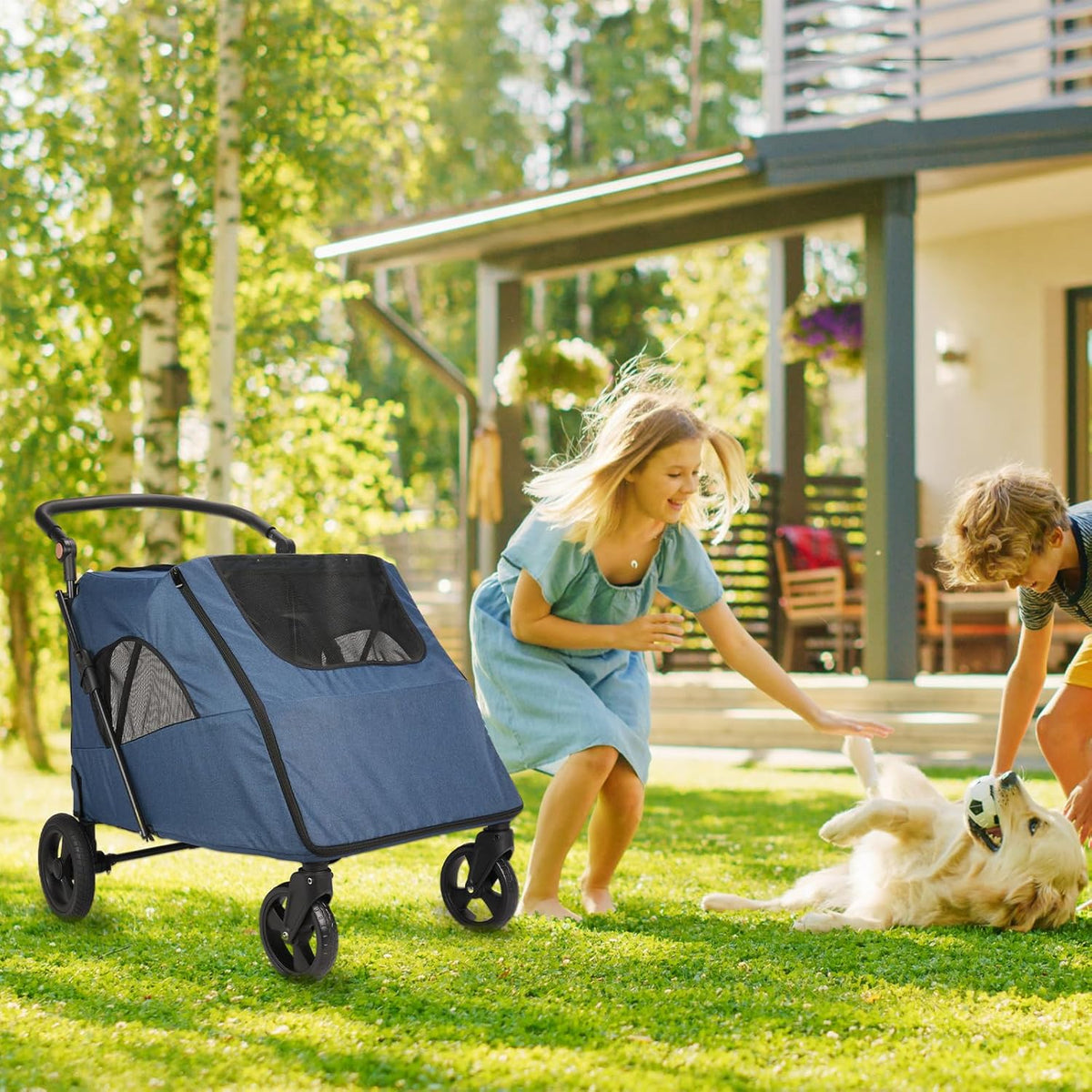 Large Dog Travel Stroller with 4 Heavy Duty Wheels Pet Stroller with Adjustable Handle - Double Doggie Capacity Jogger Wagon with Back Front Door for Small Medium Large Dogs (Navy-C)