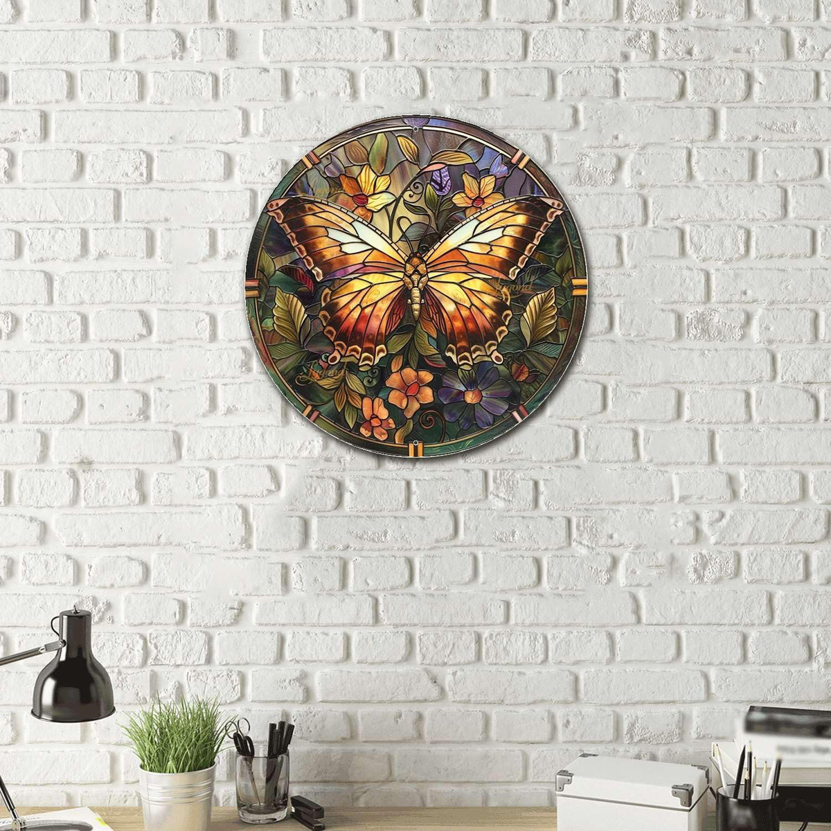 Lygond Metal Sign Tin Sign Circular Stained Glass Butterfly Wall Art for Club 12×12 Inches