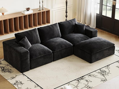 ZIGHTH 108" Plush Corduroy L Shaped Sectional Cloud Sofa Couch with Ottoman, Soft Deep Seat Modular Sectional Couches for Living Room,No Assembly. Black