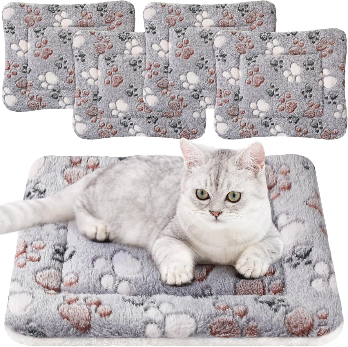 4 Pack Ultra Soft Dog Cat Bed Mat with Cute Prints Reversible Fleece Dog Crate Kennel Pad Cozy Washable Thickened Hamster Guinea Pig Pet Bed Mat for Small Animals(13 x 19 Inches,Light Gray)