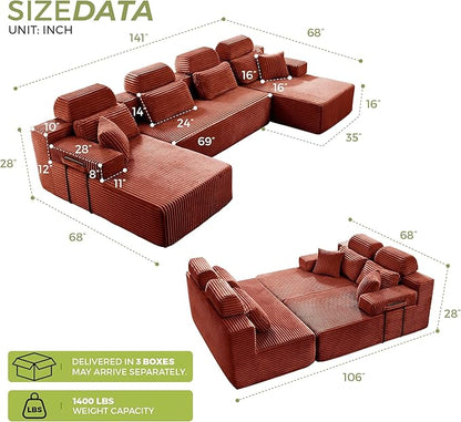 141" U-Shaped Cloud Modular Sectional Sofa with Chaise & Headrest, Boneless Deep Seat Plush Corduroy Couches for Large Living Room, No Assembly Required (Orange, 141" U-shapred Chaise)