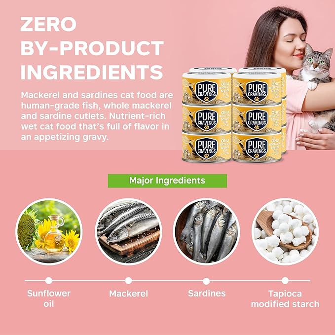Pure Cravings Wet Cat Food Canned Mackerel and Sardine Cutlets in Gravy, Every Catch is Mercury Tested, Moist Can Fish for Cats, Grain-Free, Protein, Non-GMO, Pack of 12