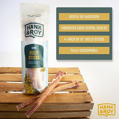 Hank & Roy All-Natural, Single-Ingredient Dog Bully Sticks, Long Lasting, Easily Digestible Dog Chews, Antibiotic and Hormone Free 12” Beef Pizzle Sticks for Dogs, Pack of 4