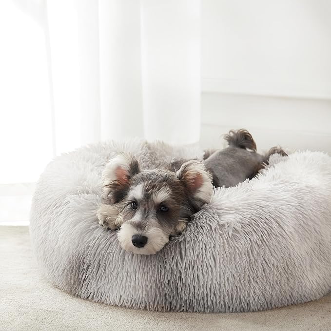 Western Home Calming Donut Medium Dog Bed Washable Pet Bed,30" White Grey | Fluffy Faux Fur Round Cuddler,Anti-Anxiety,Anti-Slip Bottom,Plush Pet Dog Beds for Medium Sized Dogs,Up to 45 LBS