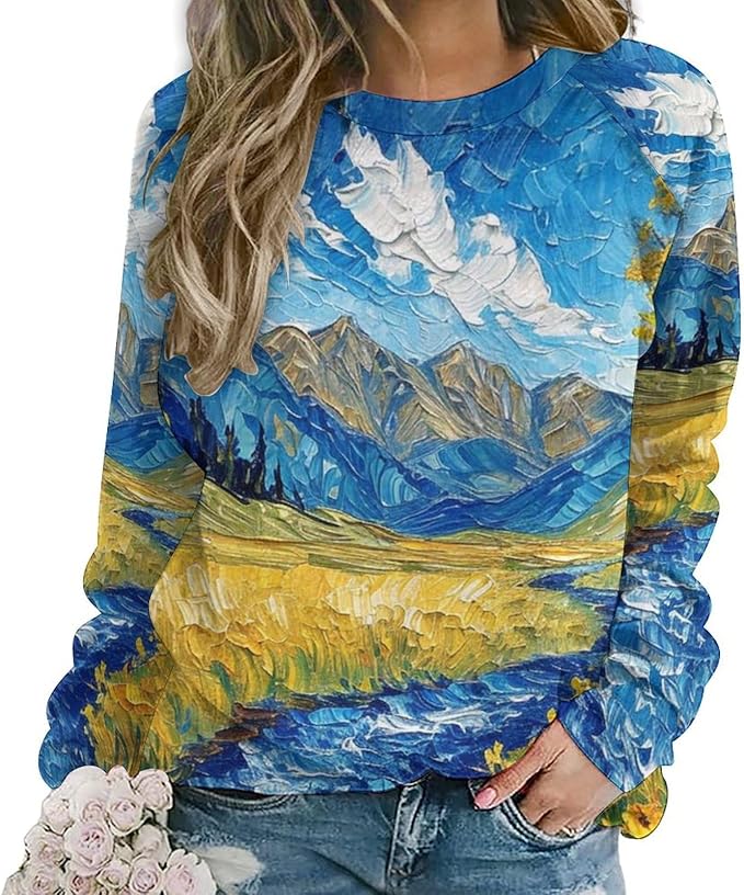 Long Sleeve Shirts for Women Cat Oil Painting Shirt 3D Graphic Sweatshirts Fall Pullover Crewneck Vintage Boho Tops