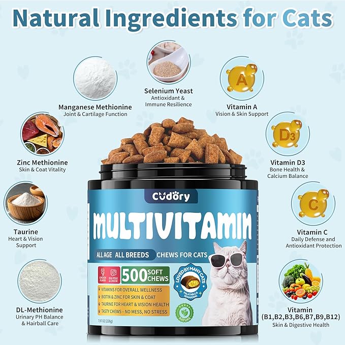 Cat Multivitamin, Crunchy & Creamy Cheese Chew– Supports Energy and Skin & Coat – with Taurine, B-Complex, Zinc Methionine & Selenium Yeast – Daily Health Supplement for Cats of All Ages (500 Chew)