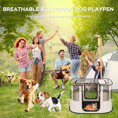 XRG Foldable Dog Playpen with pad，Indoor Cat Kennel L(35.4"x27.6"x23.6") | Portable Dog Crates with Upgrade Breathable Mesh，Sturdy Cat cage Indoor & Outdoor for Rabbit or Small Animals,Beige
