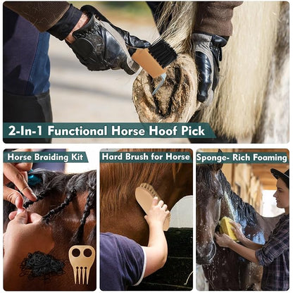 Horse Grooming Kit for Bathing, 13Pcs Horse-Brush Set with Mesh Bag, Shower Brushes, Braiding and Curry Comb, Sweat Scraper, Hoof Pick, Shedding Massaging Tool Supplies for Riders Beginners