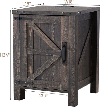 OKD Nightstand with Charging Station, 18 Inch Farmhouse End Table with Barn Door and Adjustable Storage Shelf, Rustic Wood Sofa Side Table w/Magnetic Door for Living Room, Bedroom, Dark Rustic Oak