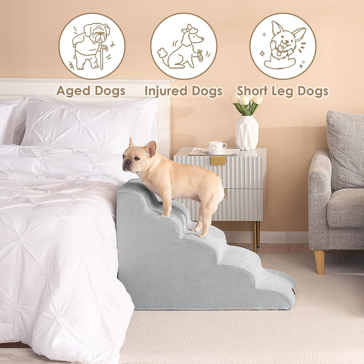 EHEYCIGA Curved Dog Stairs Ramp for High Beds 22.6" H, 5-Step Dog Steps for Small Dogs and Cats, Pet Stairs for High Bed Climbing, Non-Slip Balanced Pet Step Indoor, Light Grey