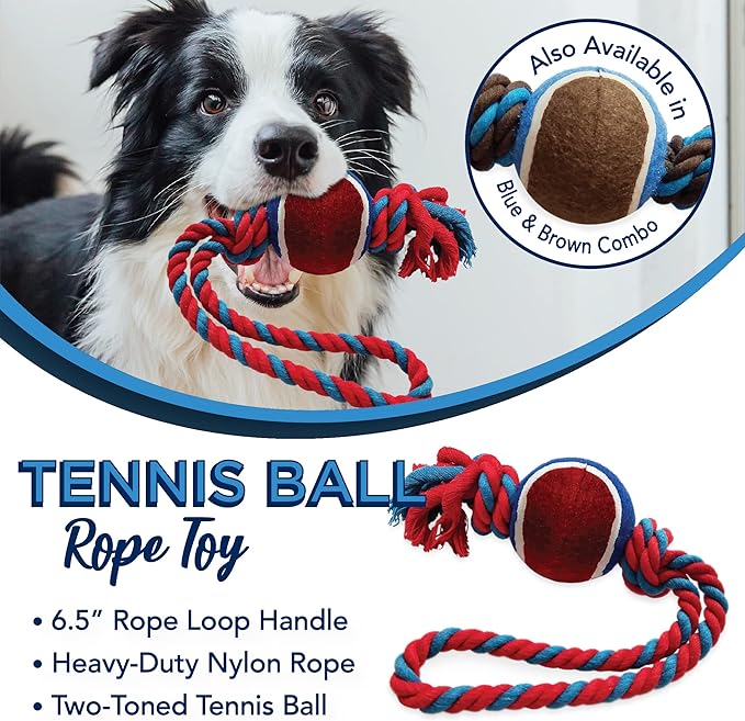 Dog Rope Toy with Tennis Ball, Nylon Ropes with Balls, Fun Tug of War Toys for Dogs, Tough Pet Toy for Aggressive Chewers, Eskimo, Terrier, Beagle and More (1 Rope Dog Toy Red Ball FBA)