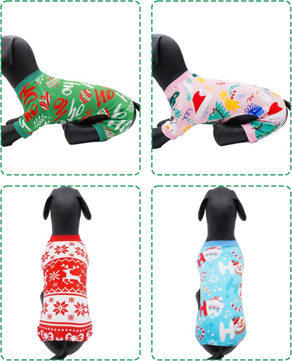 PET SHOW 4 Pack Dog Christmas Pajamas Holiday Dog Clothes for Small Medium Dogs Girl Boy Soft Stretchy PJs Xmas Jumpsuit Puppy Onesies Red Green Outfits with Sleeve Pets Dachshund Costume XXL