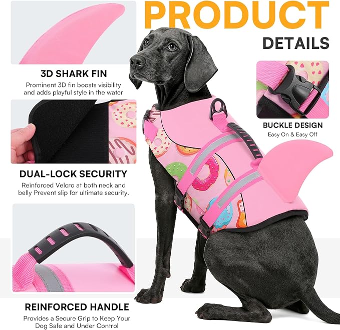 Dog Life Jacket, Dog Life Vest for Swimming, Medium Dogs Shark Swimming Safety Vest Adjustable Preserver with High Buoyancy, Pet Lifesaver for Medium Dogs, Pink Donut M