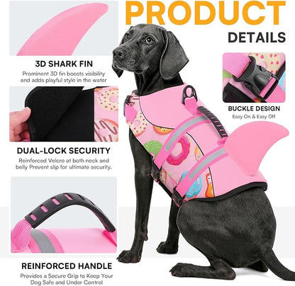 Dog Life Jacket, Dog Life Vest for Swimming, Medium Dogs Shark Swimming Safety Vest Adjustable Preserver with High Buoyancy, Pet Lifesaver for Medium Dogs, Pink Donut M