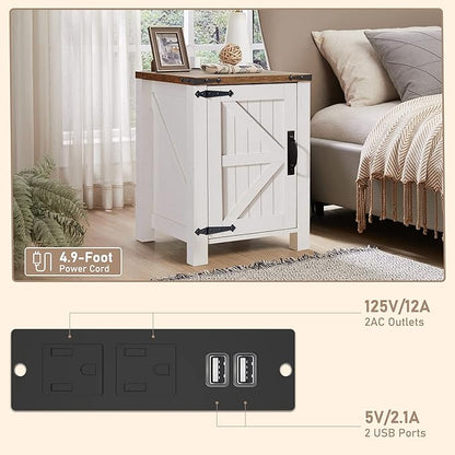 OKD Nightstand with Charging Station, 18 Inch Farmhouse End Table with Barn Door and Adjustable Storage Shelf, Rustic Wood Sofa Side Table w/Magnetic Door for Living Room, Bedroom, Antique White