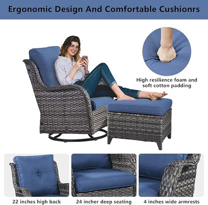 Belord 5 Piece Outdoor Patio Furniture Set - Wicker Furniture Patio Conversation Set, Outdoor Swivel Rocker Chairs with Loveseat Sofa and 2 Ottomans for Small Space, Blue Cushion