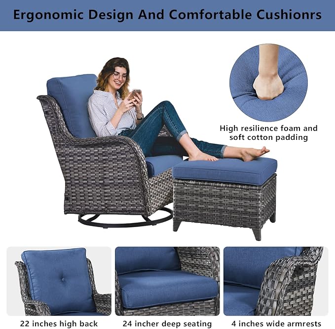 Belord Wicker Outdoor Furniture Patio Furniture Set - 6 Piece Patio Conversation Set with Swivel Rocker Chairs, Loveseat Sofa, Ottomans and Coffee Table, Blue Cushion