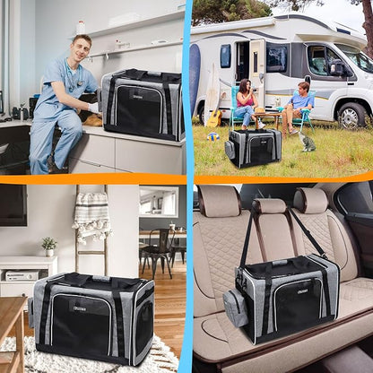 Petskd Extra Large Cat Carrier with Litter Box 24"x17"x17" for Medium Large Cat or 2 Small Cats, Collapsible Soft Sided Pet Carrier for Car Travel with Lockable Safety Zippers(Grey)