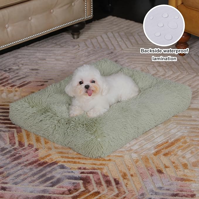 Bedfolks Waterproof Crate Bed, Plush Dog & Cat Kennel Pad with Removable Cover, Faux Fur, Washable, 17"x12", Sage Green