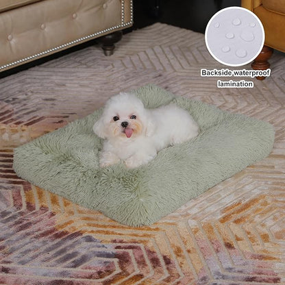 Bedfolks Waterproof Crate Bed, Plush Dog & Cat Kennel Pad with Removable Cover, Faux Fur, Washable, 17"x12", Sage Green