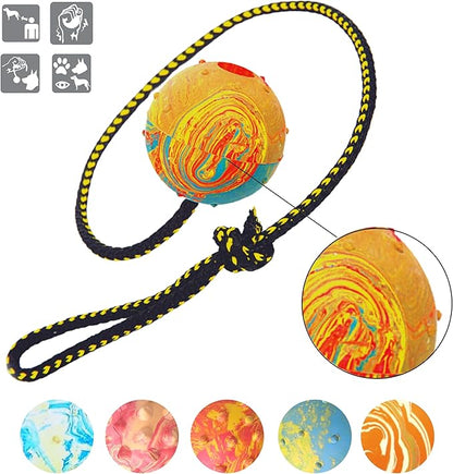 Dingo Nubby Dog Ball - Fully Rubber-Filled, with 60 cm Long Rope - Suitable for Fetching, Dog Sports, Agility, Playtime - Medium Size - Random Colour