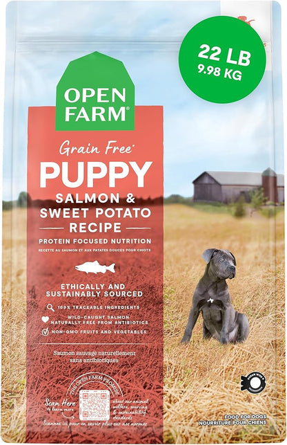 Open Farm, Grain-Free Dry Dog Food for Puppies, Protein-Packed Kibble, Sustainably & Ethically Sourced Ingredients, Non-GMO Veggies & Superfoods, Salmon & Sweet Potato Puppy Recipe, 22lb Bag