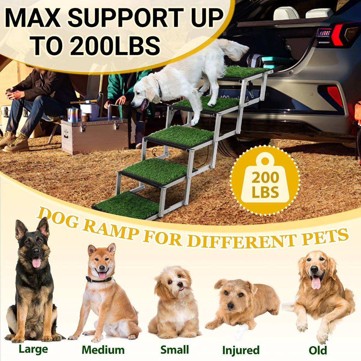 Dog Stairs for Car, Portable Folding Dog Ramps,Dog Steps for Large Dogs with Non-Slip Grass Rug for Cars, SUV, Trucks, Lightweight Pet Ramp Supports Up to 200 lb, 5 Steps