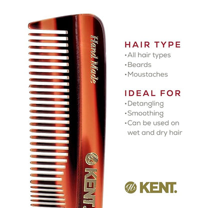 Kent R7T Fine and Wide Tooth Hair Comb, Handmade Pocket Comb for Men, Beard and Mustache Combs for Everyday Grooming and Styling, Sawcut Kent Combs, Made in England