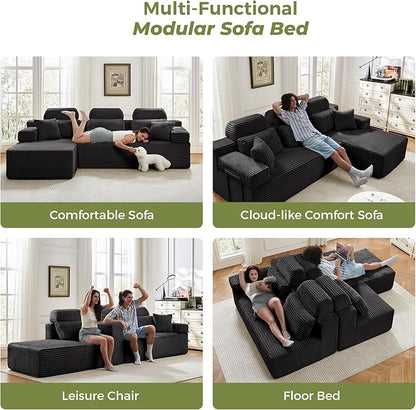104" L-Shaped Cloud Modular Sectional Sofa with Chaise & Headrest, Boneless Deep Seat Plush Corduroy Couches for Large Living Room, No Assembly Required (Black, 104" L-shapred Chaise)